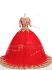 Scoop Half Sleeves Tulle 15th Birthday Dress Lace and Appliques Brush Train Zipper
