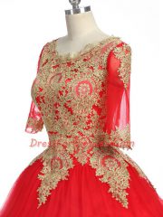Scoop Half Sleeves Tulle 15th Birthday Dress Lace and Appliques Brush Train Zipper