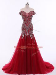 Red Sleeveless Beading Zipper Prom Gown