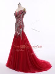 Red Sleeveless Beading Zipper Prom Gown