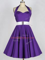 Affordable Purple Taffeta Zipper Halter Top Sleeveless Knee Length Vestidos de Damas Ruching
