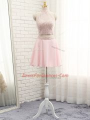 Pink Chiffon Zipper Halter Top Sleeveless Mini Length Beading