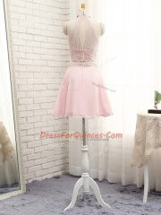Pink Chiffon Zipper Halter Top Sleeveless Mini Length Beading
