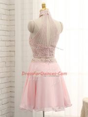 Pink Chiffon Zipper Halter Top Sleeveless Mini Length Beading