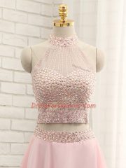 Pink Chiffon Zipper Halter Top Sleeveless Mini Length Beading