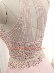 Pink Chiffon Zipper Halter Top Sleeveless Mini Length Beading
