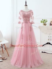 Floor Length Pink Prom Dress Scoop 3 4 Length Sleeve Lace Up