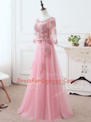 Floor Length Pink Prom Dress Scoop 3 4 Length Sleeve Lace Up