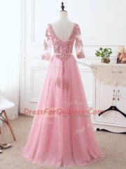 Floor Length Pink Prom Dress Scoop 3 4 Length Sleeve Lace Up