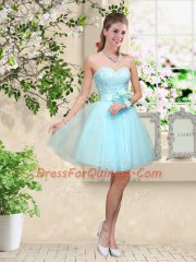 Aqua Blue A-line Tulle Sweetheart Sleeveless Lace and Belt Knee Length Lace Up Quinceanera Court of Honor Dress