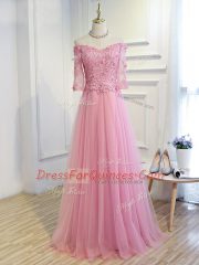 Pretty Floor Length Pink Homecoming Dress Off The Shoulder 3 4 Length Sleeve Lace Up