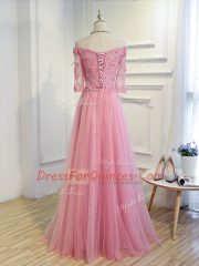 Pretty Floor Length Pink Homecoming Dress Off The Shoulder 3 4 Length Sleeve Lace Up
