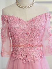Pretty Floor Length Pink Homecoming Dress Off The Shoulder 3 4 Length Sleeve Lace Up