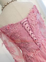 Pretty Floor Length Pink Homecoming Dress Off The Shoulder 3 4 Length Sleeve Lace Up