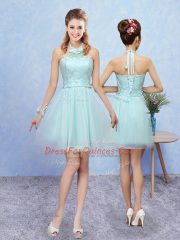 Glorious Aqua Blue Halter Top Neckline Lace Damas Dress Sleeveless Lace Up