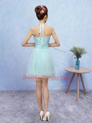Glorious Aqua Blue Halter Top Neckline Lace Damas Dress Sleeveless Lace Up