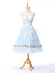 Suitable Knee Length Light Blue Dama Dress for Quinceanera Scoop Sleeveless Backless