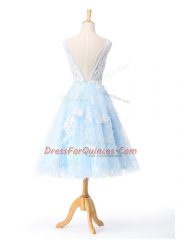 Suitable Knee Length Light Blue Dama Dress for Quinceanera Scoop Sleeveless Backless