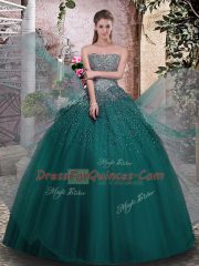 On Sale Dark Green Strapless Lace Up Beading Quince Ball Gowns Sleeveless