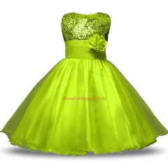 Graceful Olive Green Sleeveless Bowknot and Belt and Hand Made Flower Knee Length Flower Girl Dresses