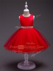 Exquisite Knee Length Zipper Kids Pageant Dress Red for Wedding Party with Beading