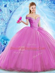 Amazing Off The Shoulder Sleeveless 15 Quinceanera Dress Brush Train Beading Lilac Organza