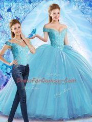 Baby Blue Off The Shoulder Lace Up Beading Quinceanera Gowns Sweep Train Sleeveless