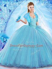 Baby Blue Sleeveless Organza Sweep Train Lace Up Sweet 16 Quinceanera Dress for Military Ball and Sweet 16 and Quinceanera