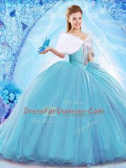 Baby Blue Sleeveless Organza Sweep Train Lace Up Sweet 16 Quinceanera Dress for Military Ball and Sweet 16 and Quinceanera