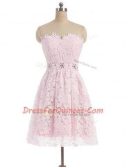 Glamorous Pink A-line Sweetheart Sleeveless Lace Mini Length Zipper Beading and Lace Dress for Prom