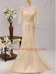 Brush Train Empire Prom Dresses Champagne V-neck Tulle 3 4 Length Sleeve Lace Up