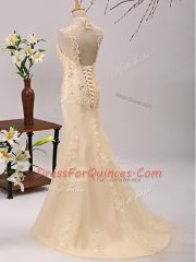 Brush Train Empire Prom Dresses Champagne V-neck Tulle 3 4 Length Sleeve Lace Up