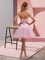Baby Pink A-line Sweetheart Sleeveless Tulle Mini Length Lace Up Beading and Ruching Prom Dresses
