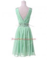 On Sale Apple Green Empire V-neck Sleeveless Chiffon Knee Length Zipper Beading and Ruching Vestidos de Damas