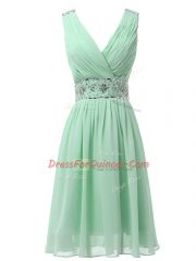 On Sale Apple Green Empire V-neck Sleeveless Chiffon Knee Length Zipper Beading and Ruching Vestidos de Damas