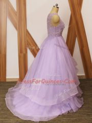 Sleeveless Organza Brush Train Zipper Prom Dress in Lavender with Beading and Ruffles