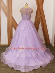 Sleeveless Organza Brush Train Zipper Prom Dress in Lavender with Beading and Ruffles