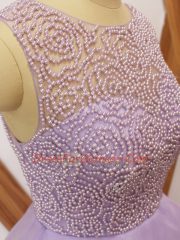 Sleeveless Organza Brush Train Zipper Prom Dress in Lavender with Beading and Ruffles