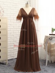 Flare Brown Empire V-neck Sleeveless Chiffon Floor Length Zipper Beading and Ruching Dress for Prom