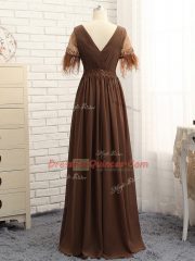 Flare Brown Empire V-neck Sleeveless Chiffon Floor Length Zipper Beading and Ruching Dress for Prom
