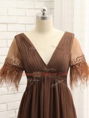 Flare Brown Empire V-neck Sleeveless Chiffon Floor Length Zipper Beading and Ruching Dress for Prom