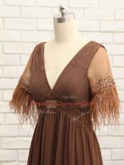 Flare Brown Empire V-neck Sleeveless Chiffon Floor Length Zipper Beading and Ruching Dress for Prom