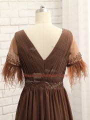 Flare Brown Empire V-neck Sleeveless Chiffon Floor Length Zipper Beading and Ruching Dress for Prom