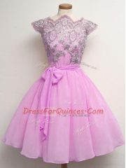 Chic Lilac Cap Sleeves Chiffon Lace Up Quinceanera Court of Honor Dress for Prom and Party and Wedding Party