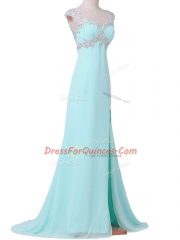 Admirable Beading Prom Evening Gown Aqua Blue Backless Cap Sleeves