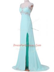 Admirable Beading Prom Evening Gown Aqua Blue Backless Cap Sleeves