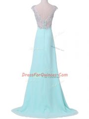 Admirable Beading Prom Evening Gown Aqua Blue Backless Cap Sleeves