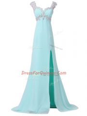 Admirable Beading Prom Evening Gown Aqua Blue Backless Cap Sleeves