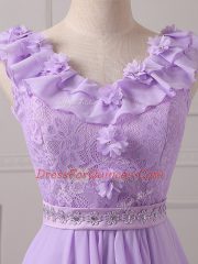 Elegant Lavender V-neck Neckline Lace and Appliques Vestidos de Damas Sleeveless Lace Up