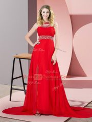Red Scoop Backless Beading Prom Dress Brush Train Sleeveless